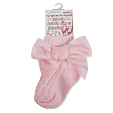 S126-P: Pink Ankle Socks w/Velvet Bow (0-24 Months)